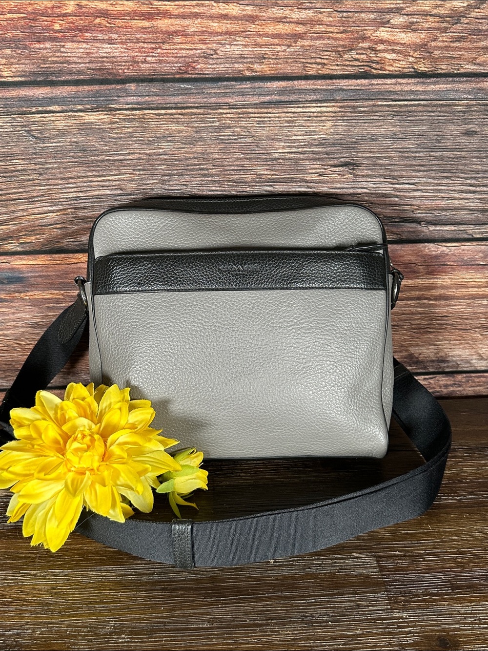 Coach Charles Camera Bag in color-block heather gray and black pebbled leather!